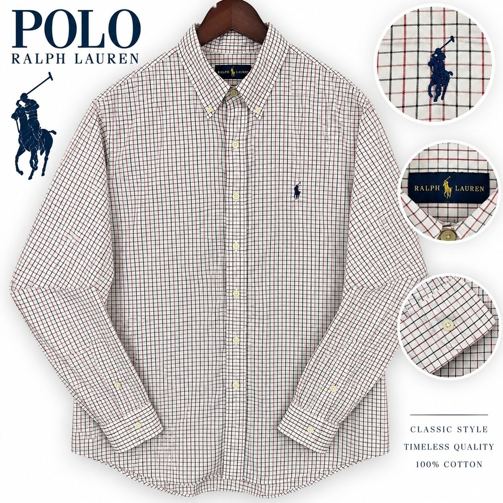 Ralph Lauren Button Down Shirt Men 2XL White Red Black Tattersall Check Plaid